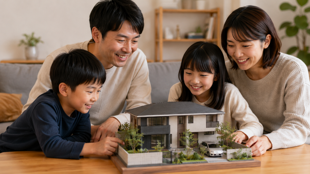 積水ハウスの模型プレゼントを家族で囲み、新築住宅模型を楽しむ日本人家族