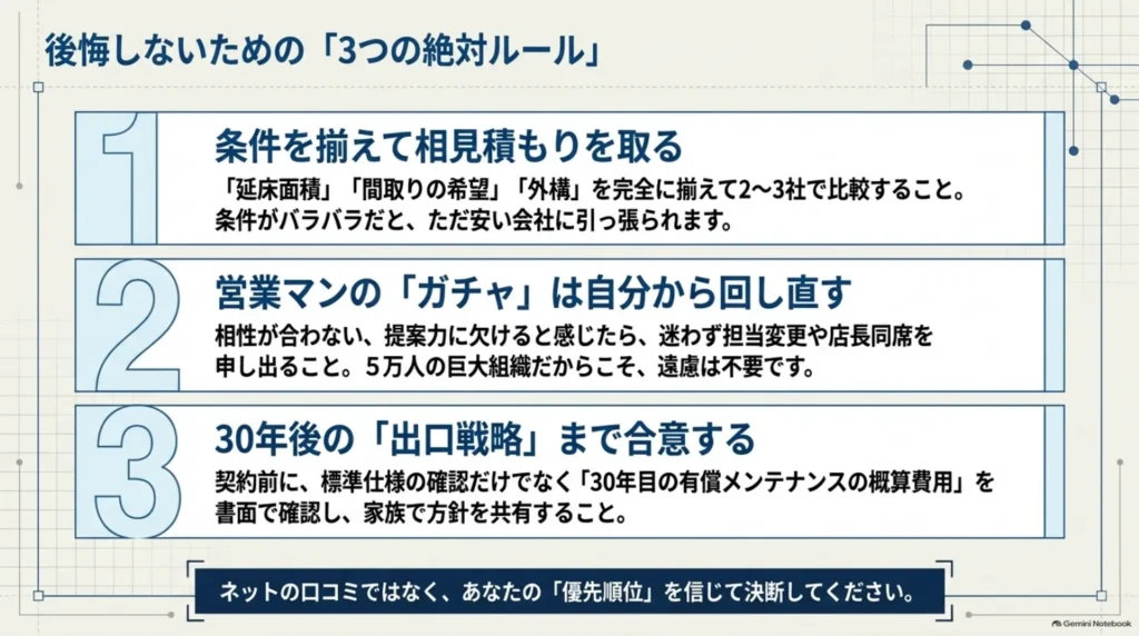 条件をそろえた相見積もり、相性が合わない担当者の変更相談、30年目のメンテナンス費用の書面確認と家族での方針共有をまとめた図。