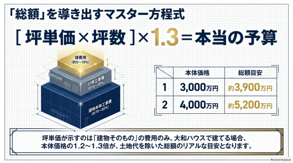 建築費を本体工事費、付帯工事費、諸費用の3層で示し、本体価格3,000万円なら土地代を除く総額約3,900万円となる計算例を掲載した図。