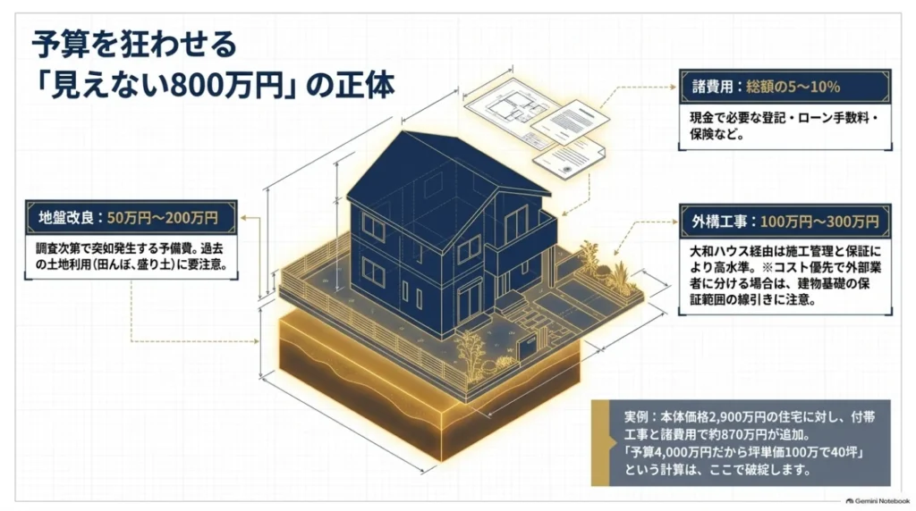 本体価格以外の費用として、地盤改良50万〜200万円、外構工事100万〜300万円、諸費用は総額の5〜10％という目安を示した住宅の図。