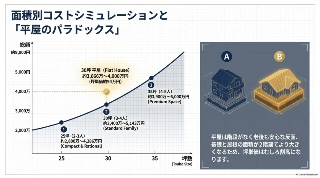 25坪・30坪・35坪の建築総額の目安と30坪の平屋を比較し、平屋は基礎と屋根の面積が大きくなるため坪単価が上がりやすいことを示した図。