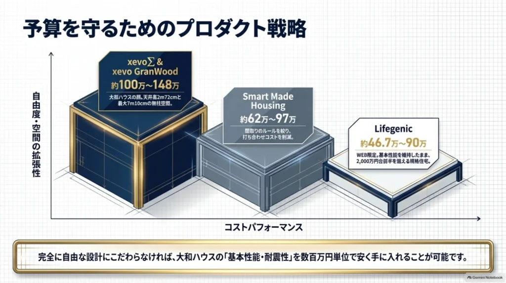 xevoΣ・xevo GranWood、Smart Made Housing、Lifegenicを、設計の自由度とコストパフォーマンスの観点で比較した概念図。