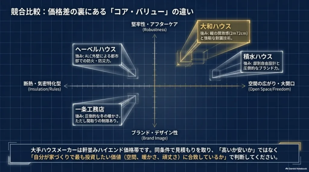 大和ハウス、積水ハウス、ヘーベルハウス、一条工務店の特徴を、空間の開放感、断熱・気密、堅牢性、デザインなどの観点で整理した概念図。