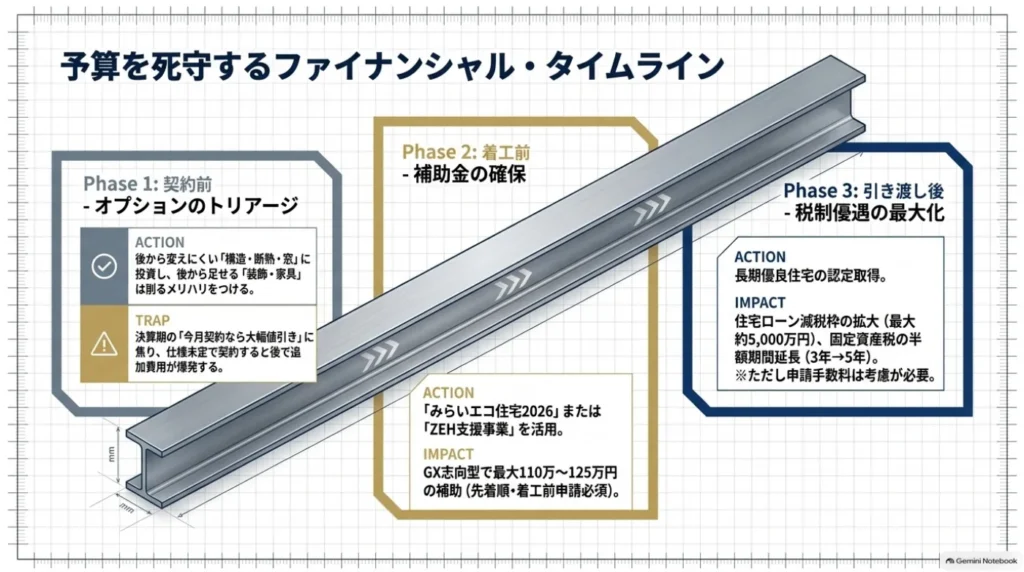 契約前のオプション整理、着工に向けた補助金の確認、引き渡しに伴う税制優遇の手続きを時系列で整理した図。