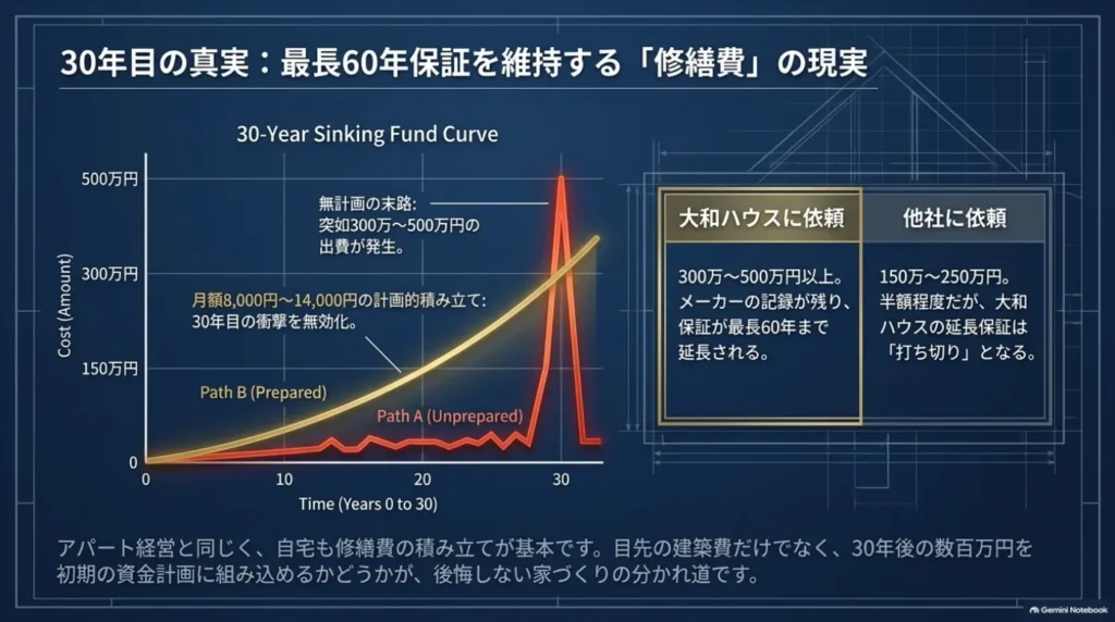 30年目の修繕費に備える月8,000〜14,000円の積み立て目安と、大和ハウス・他社に依頼する場合の費用や延長保証の扱いを比較した図。