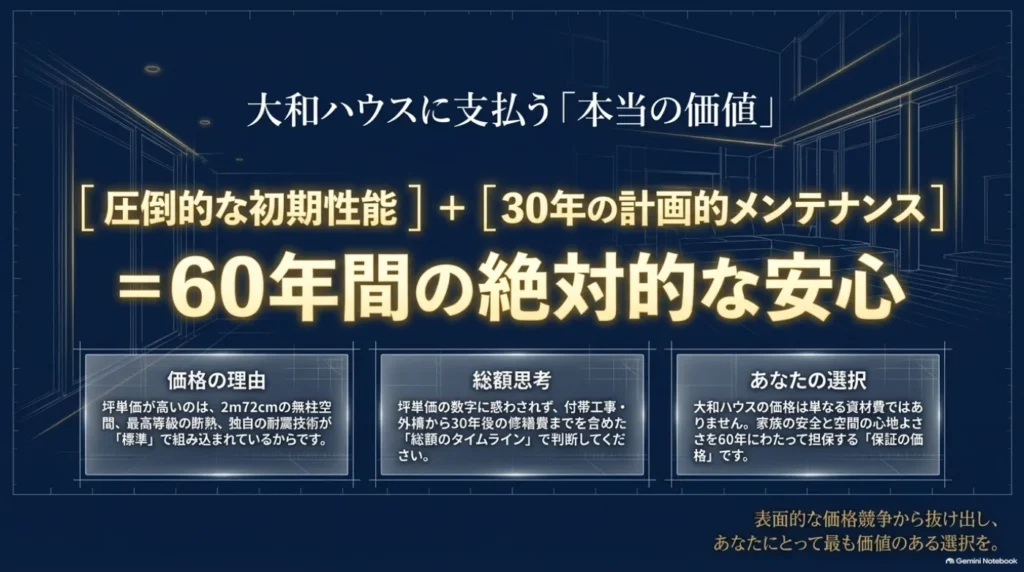 大和ハウスの価格を、天井高や断熱・耐震性能、建築総額、長期メンテナンス計画の観点から考えるまとめ図。
