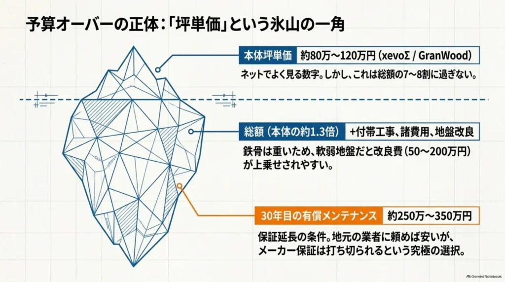 本体坪単価だけでは見えない費用を氷山で表現した図。付帯工事・諸費用・地盤改良を含む総額と、30年目の有償メンテナンス費用の目安を示している。