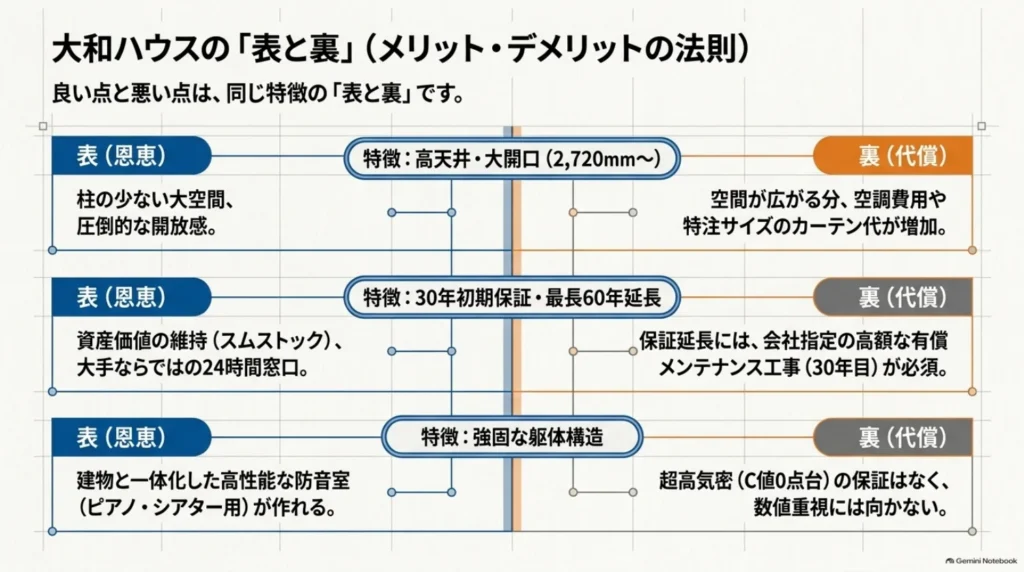 高天井の開放感と空調・カーテン費用、長期保証の安心と有償メンテナンス、防音室の計画と気密性能の数値確認を対比した図。