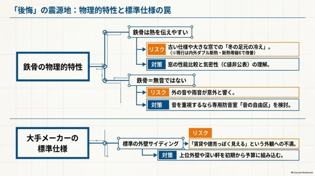 温熱・遮音・標準外壁に関する不満と対策を整理した図。窓の性能比較、防音室の検討、外壁や軒の仕様を予算に組み込む方法を示している。