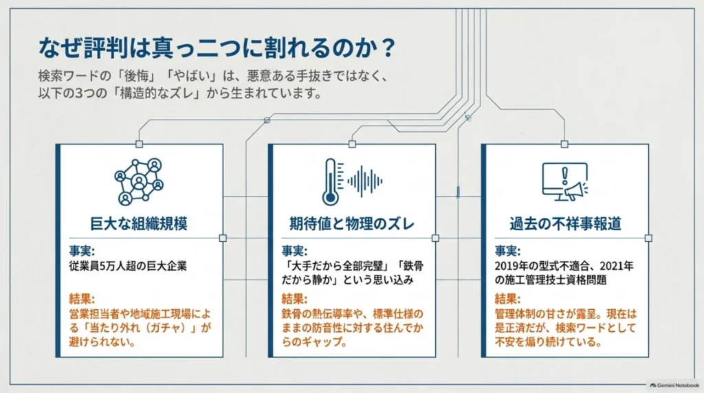 大和ハウスの評判が分かれる背景を、巨大な組織による担当者差、温熱・遮音への期待とのずれ、過去の不祥事報道の3つに整理した図。