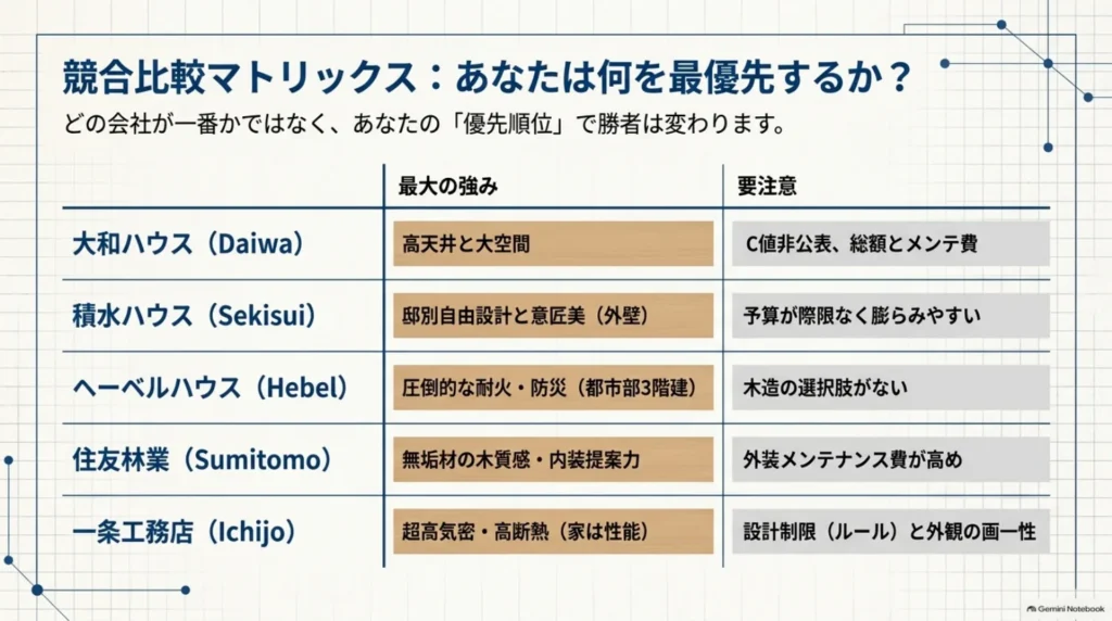 大和ハウス、積水ハウス、ヘーベルハウス、住友林業、一条工務店の5社について、空間・設計・防災・木質感・気密断熱の強みと注意点を比較した表。