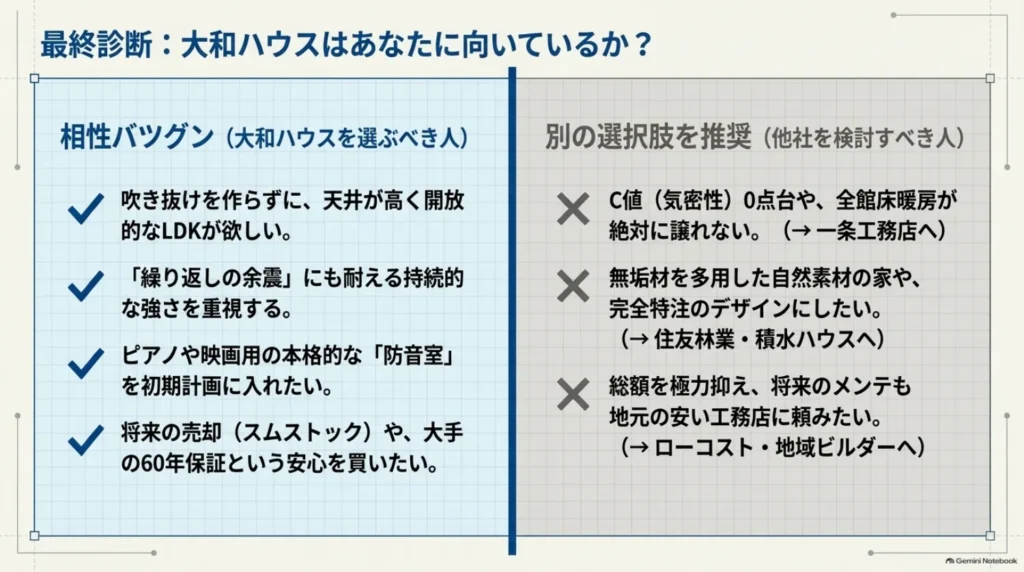 高天井・耐震性・防音室・長期保証を重視する人と、気密性能・自然素材・価格や修繕業者選びの自由度を重視する人を対比した図。