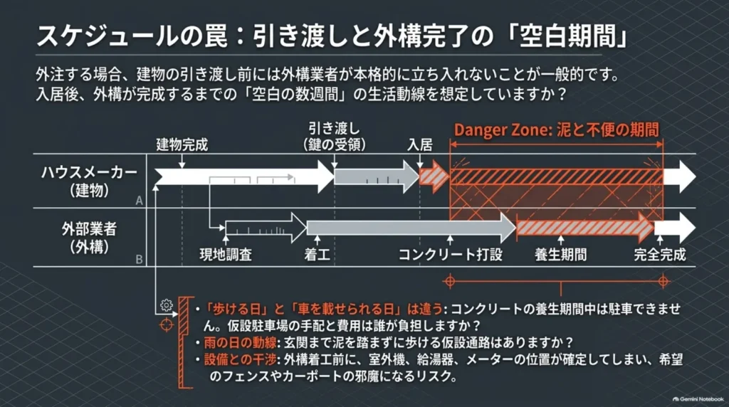 建物の引渡し、入居、外構着工、コンクリート打設と養生、完成までの工程を並べ、仮設通路や駐車場の確認が必要な期間を示した図。