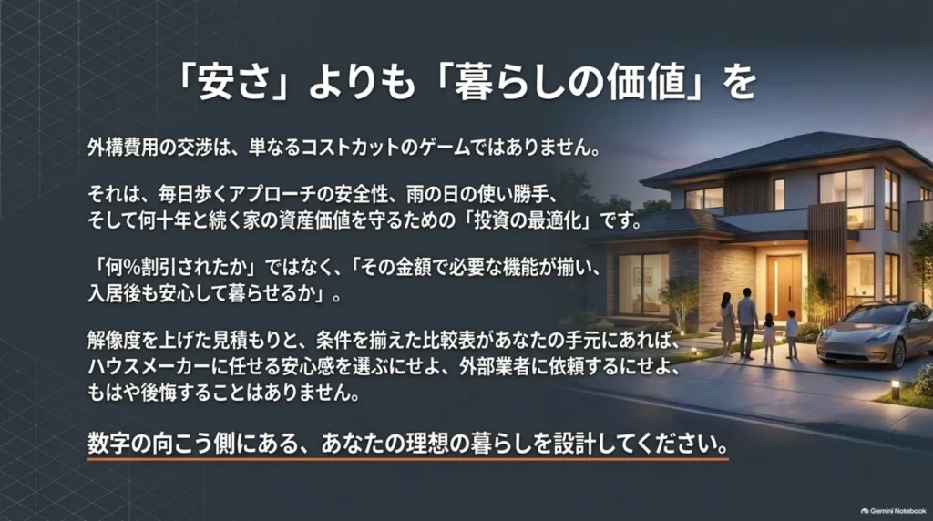 外構費を値引き額だけで判断せず、必要な機能、安全なアプローチ、雨の日の使いやすさなど暮らしの価値で考えることを伝えるスライド。