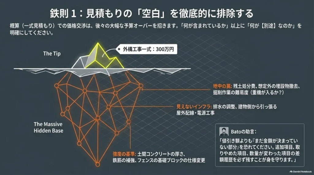 外構一式の見積もりを氷山に例え、残土処分、排水、配線、基礎仕様などの見えにくい費用を示した図。