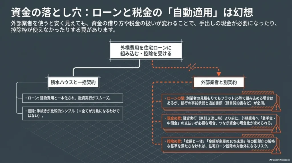 外構を一括契約する場合と外部業者へ別発注する場合について、住宅ローンへの組み込み、支払時期、税務上の扱いの確認事項を比較した図。
