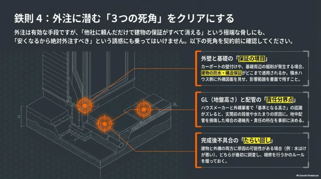 外構外注で確認したい外壁や基礎の保証範囲、地盤高さと配管の責任分担、不具合発生時の調査窓口を示した図。