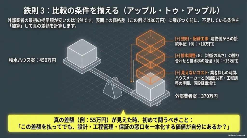 仮の見積例で450万円と370万円を比較し、外部業者案に配管工事10万円と排水調整15万円を加えると差額が55万円になることを示した図。