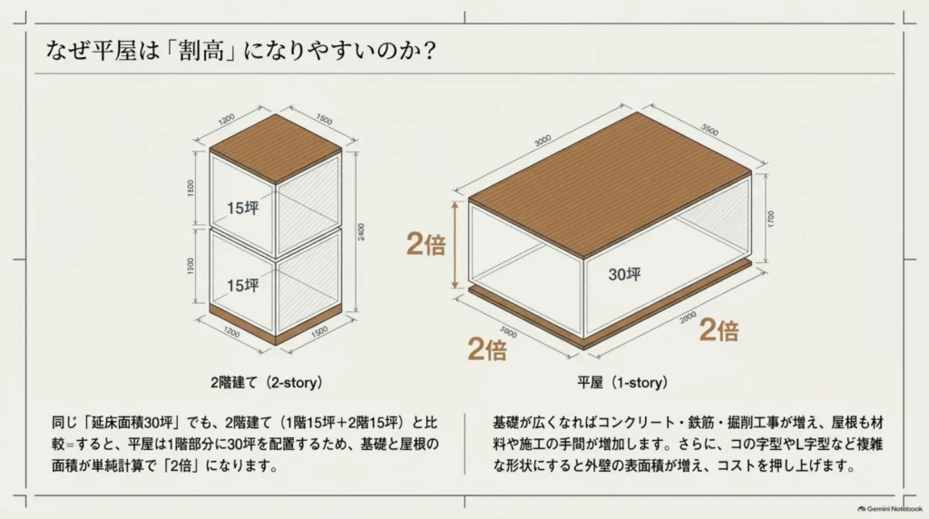 同じ延床30坪の総2階建てと平屋を比べ、平屋では基礎と屋根の面積が大きくなる仕組みを示した模式図。工事費が2倍になる意味ではない
