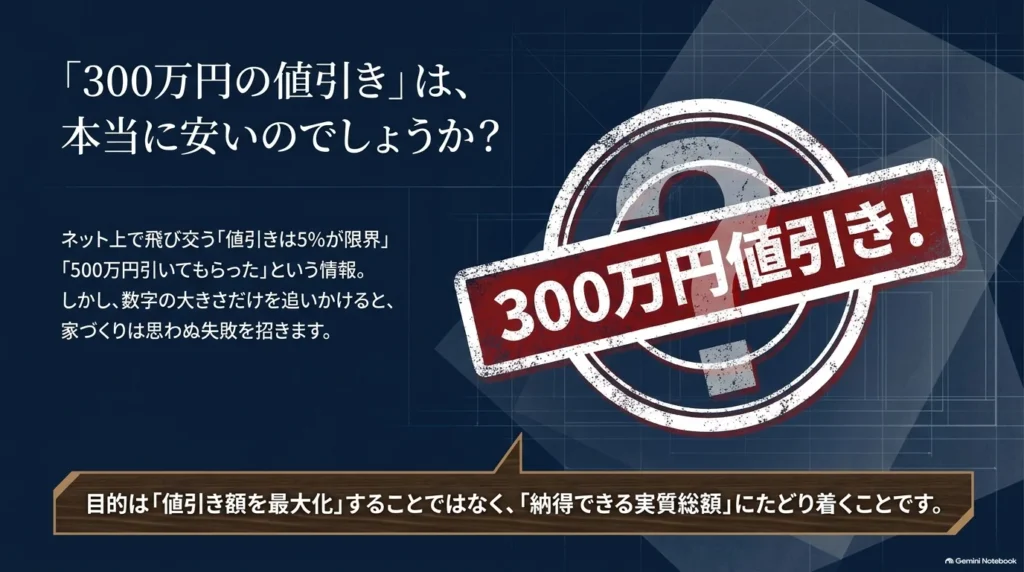 300万円という値引き額だけでは安さを判断できず、納得できる実質総額を目指すことが大切だと示す図。