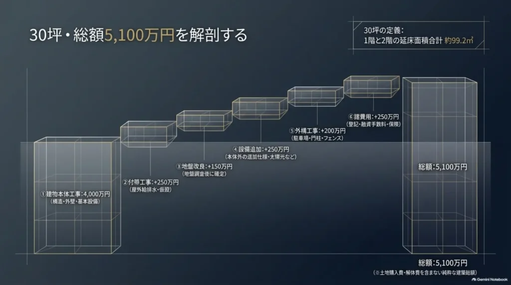 本体4,000万円、付帯工事250万円、地盤改良150万円、設備追加250万円、外構200万円、諸費用250万円を積み上げた総額5,100万円の試算例