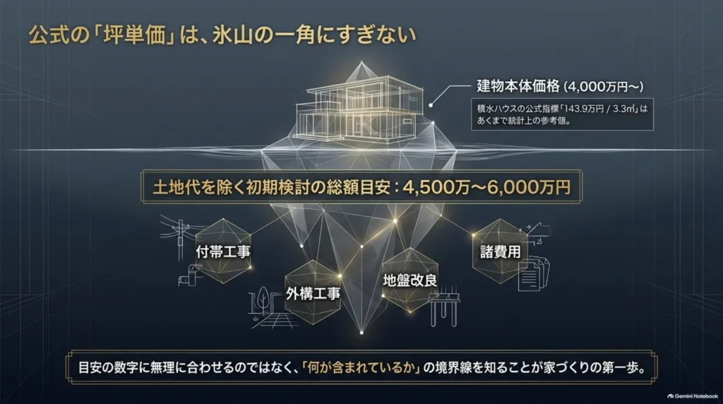 建物本体以外に付帯工事、外構、地盤改良、諸費用がかかることと、土地代を除く初期検討の総額目安4,500万〜6,000万円を示す氷山図