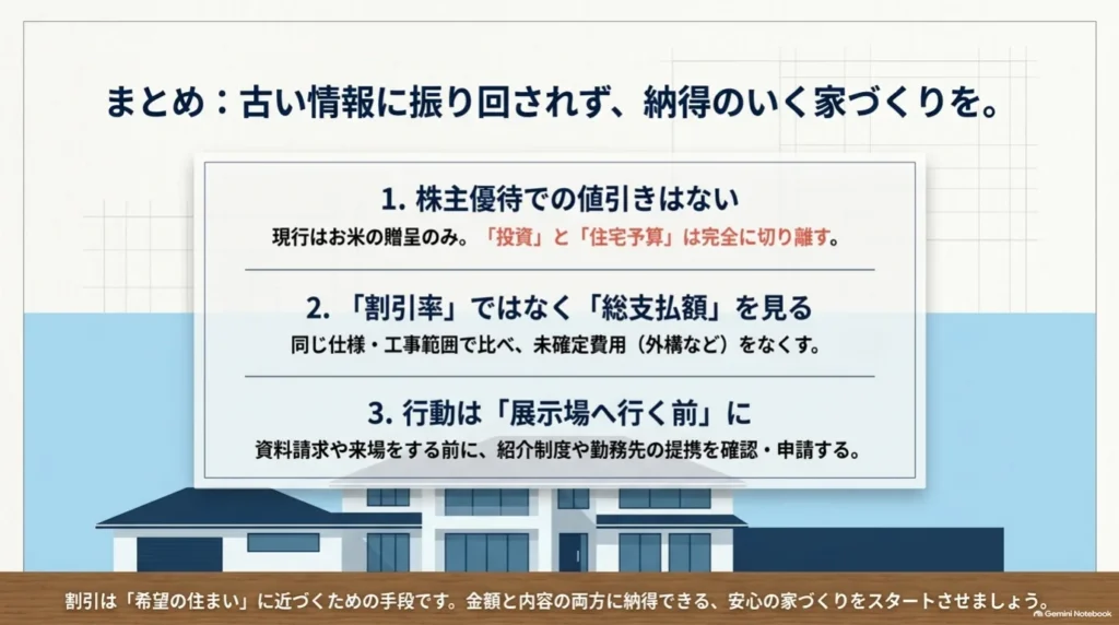 株主優待と住宅値引きを分けて考える、同じ仕様と工事範囲で支払総額を比較する、展示場へ行く前に紹介や勤務先の提携制度を確認する、という三つの要点。