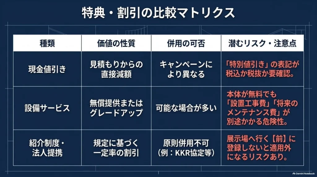 現金値引き、設備サービス、紹介制度・法人提携について、特典の価値、併用条件、追加費用や申込み時期の注意点を比較した表。