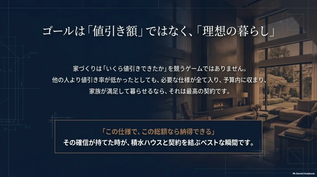 値引き額を競うのではなく、必要な仕様が入り、予算内で家族が満足して暮らせることを契約の判断基準にするメッセージ。