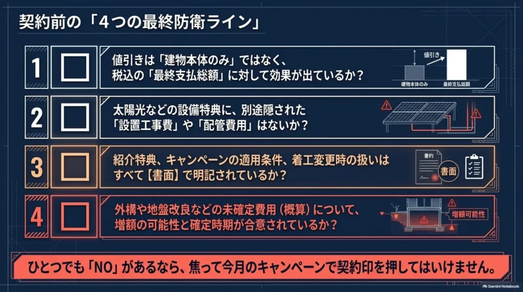 税込の最終支払総額、設備特典の別途工事費、特典の適用条件の書面化、未確定費用の増額可能性と確定時期を確認する4項目のチェックリスト。