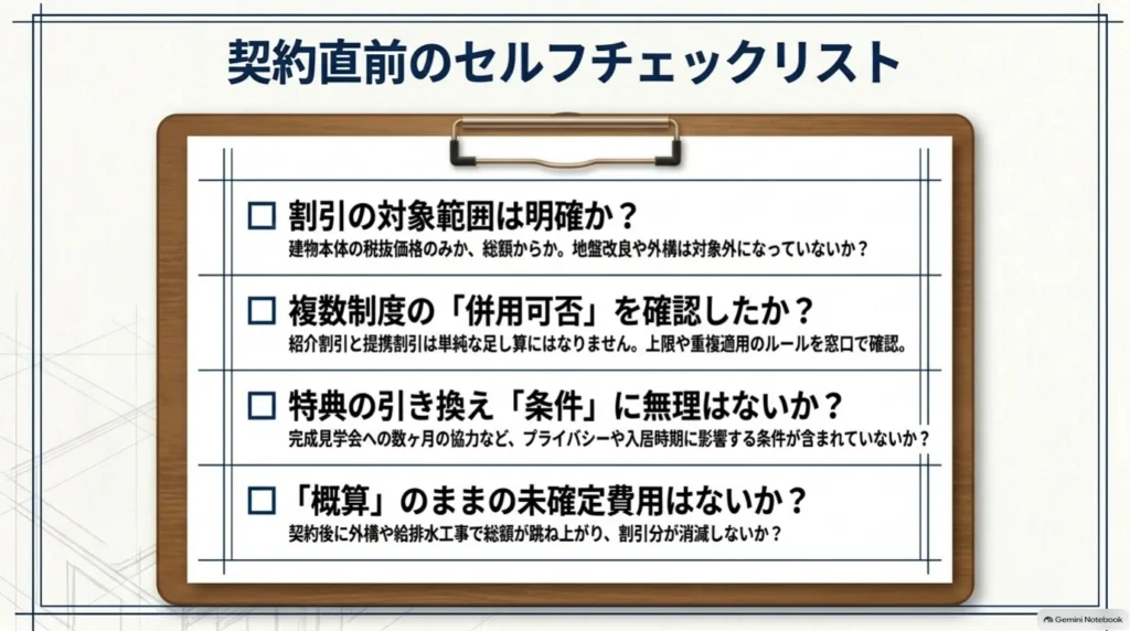 契約前に確認する四項目。割引の対象範囲、複数制度の併用可否、見学会協力など特典の条件、外構や給排水工事などの未確定費用を点検するチェックリスト。