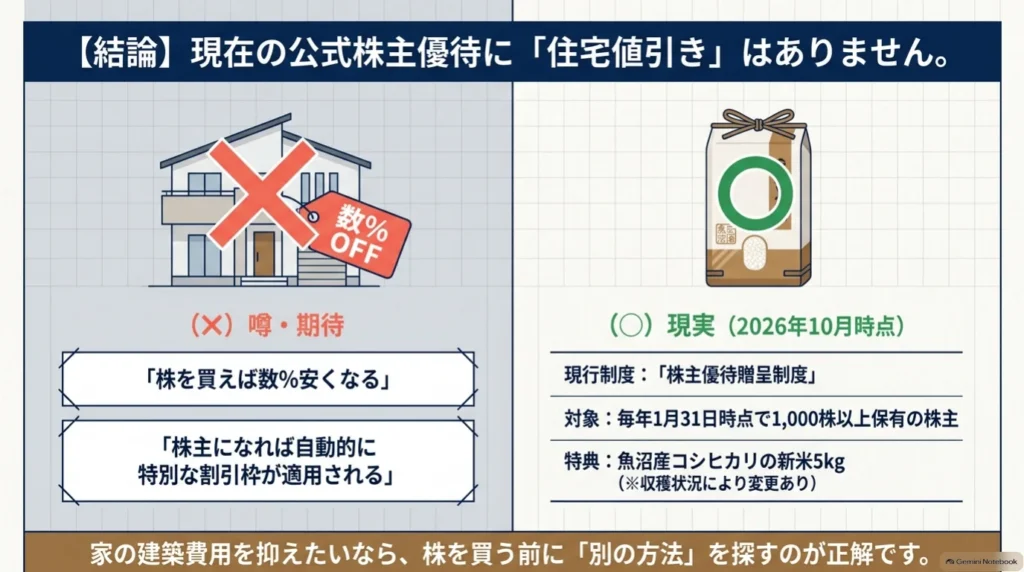 住宅が数％安くなるという噂と現行株主優待を比較。毎年1月31日時点で1,000株以上を保有する対象株主には、コシヒカリの新米5kgが贈呈される。