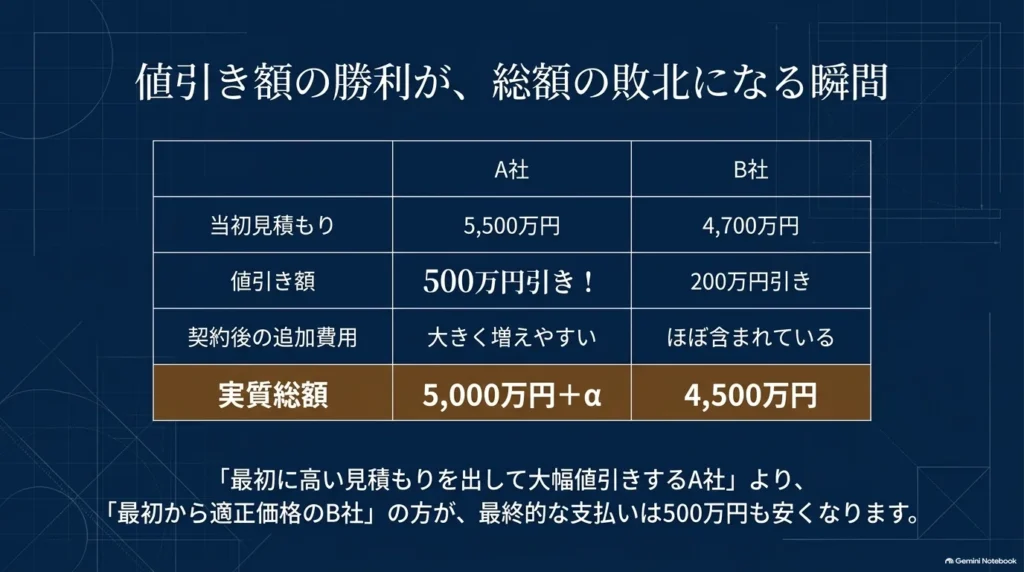 A社は5,500万円から500万円値引きでも追加費用を含め5,000万円以上、B社は4,700万円から200万円値引きで4,500万円となる比較例。