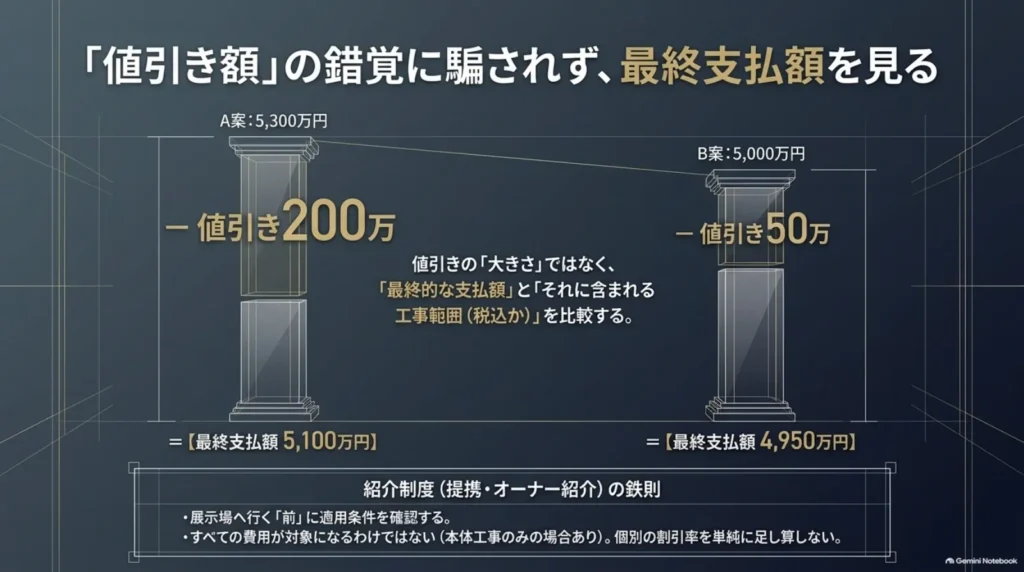 A案は5,300万円から200万円引きで5,100万円、B案は5,000万円から50万円引きで4,950万円となる比較例と紹介制度の確認事項