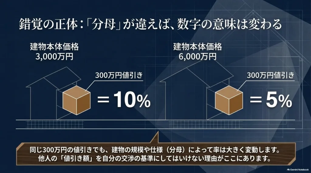 建物本体価格3,000万円から300万円の値引きは10％、6,000万円から同額の値引きは5％となる比較図。