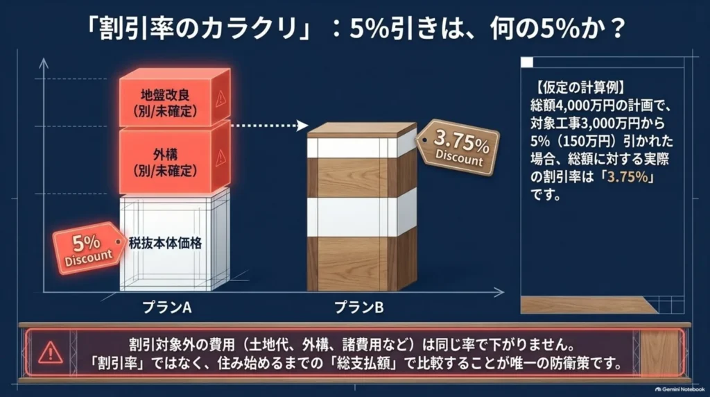 仮定例として、税抜総額4,000万円のうち対象工事3,000万円を5％値引きすると、減額は150万円で総額に対しては3.75％になることを示す図。