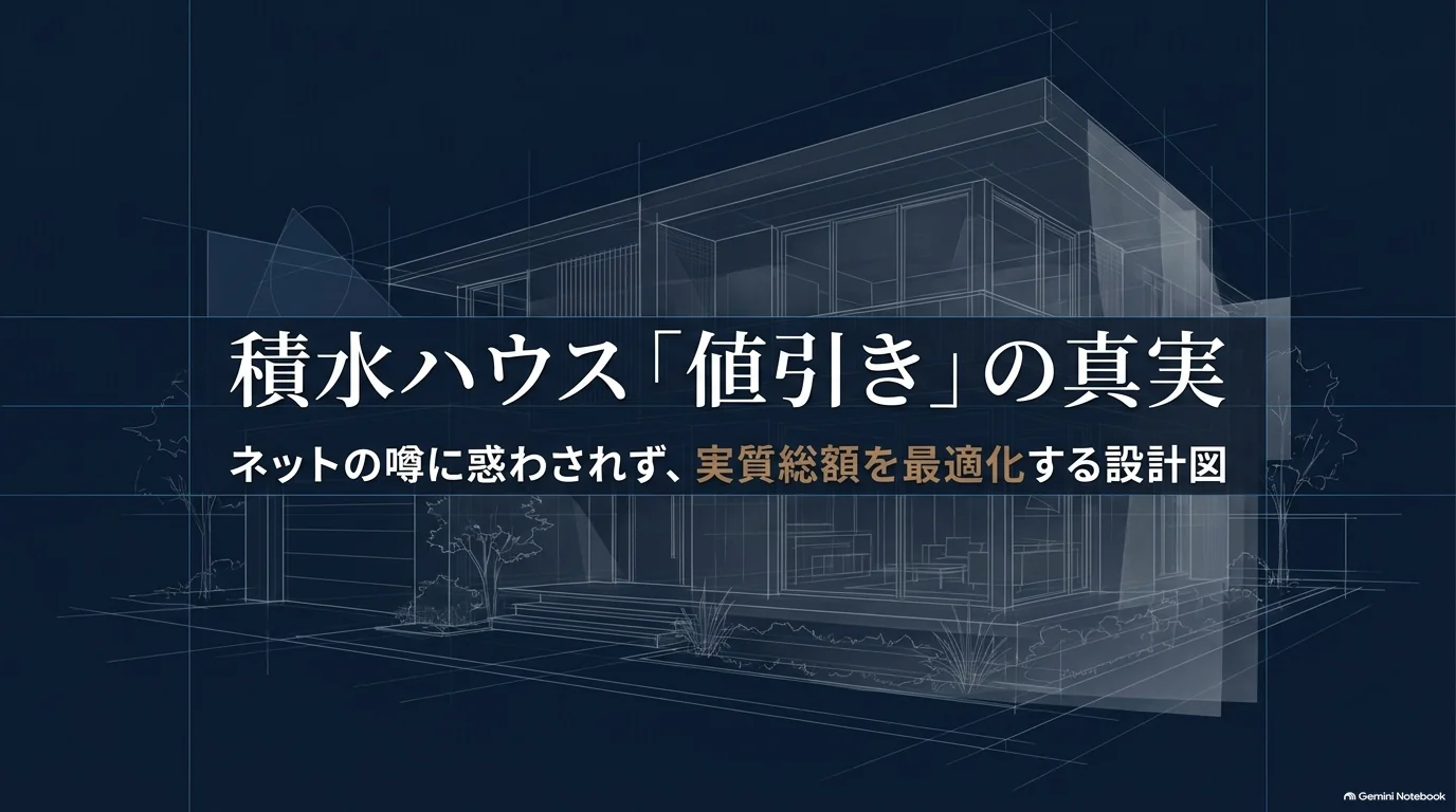 積水ハウスの値引きを、値引き額だけでなく希望仕様を含めた実質総額で判断するための解説資料の表紙。