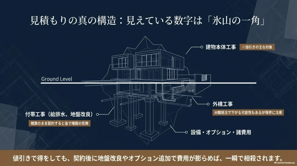 住宅費用を氷山に見立て、建物本体以外に付帯工事、外構、設備、オプション、諸費用があり、追加費用で値引き分が相殺される可能性を示す図。
