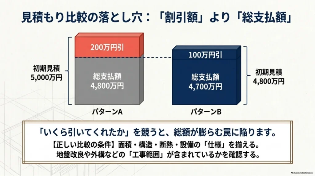 仮定の比較例。5,000万円から200万円引きの支払額は4,800万円、4,800万円から100万円引きの支払額は4,700万円となり、値引き額が大きいほうが安いとは限らない。