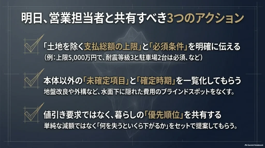 総予算の上限と必須条件を伝える、未確定費用と確定時期を一覧にする、暮らしの優先順位を共有するという3つの行動