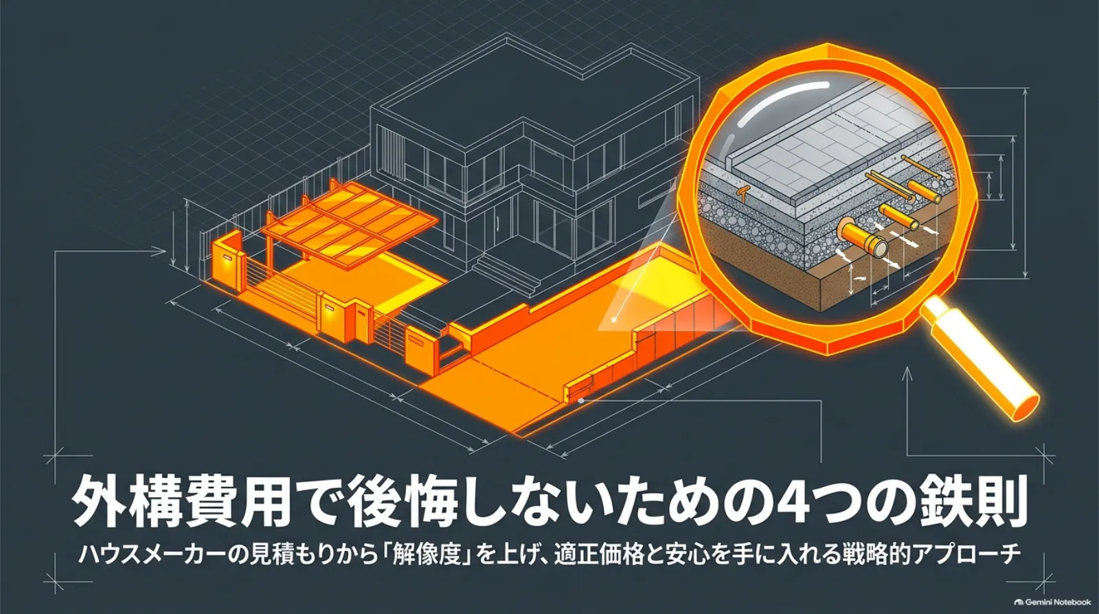 外構費用で後悔しないための4つの鉄則を紹介する表紙。住宅の外構と舗装下の構造を図示。