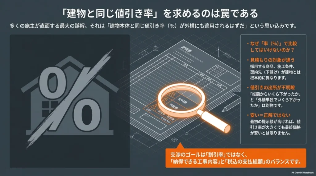建物と外構では見積もりの対象が異なるため、値引き率だけでなく工事内容と税込の支払総額を確認する考え方。