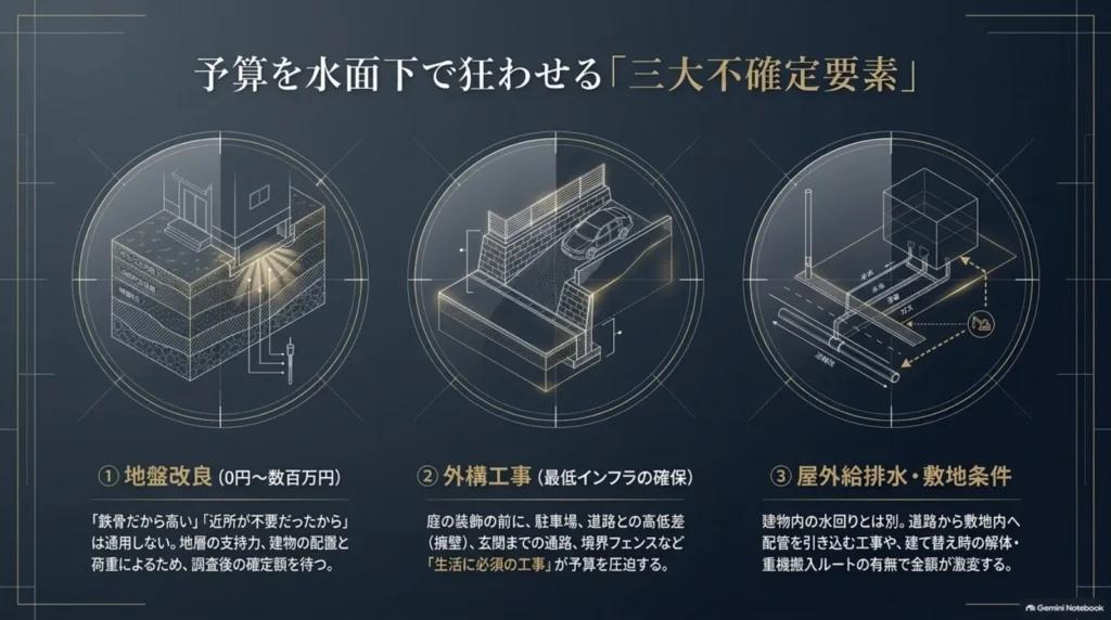 予算に影響する地盤改良、生活に必要な外構工事、屋外給排水と敷地条件の3項目を示す図