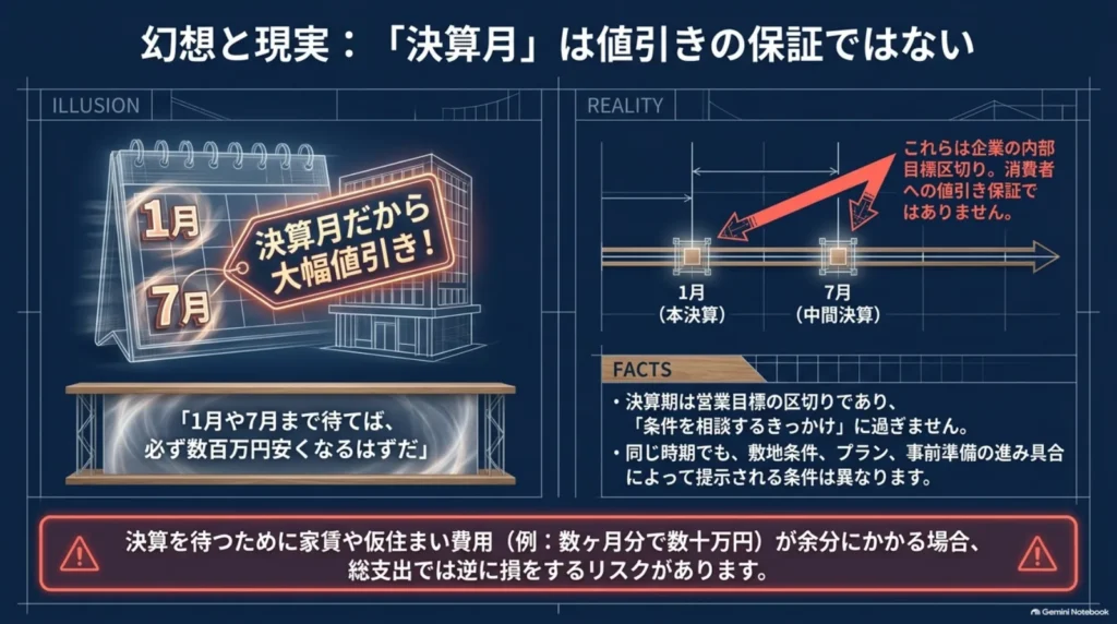 積水ハウスの本決算は1月、中間決算は7月。値引きは保証されず、決算を待つ間の家賃や仮住まい費用も比較する必要があることを示す図。