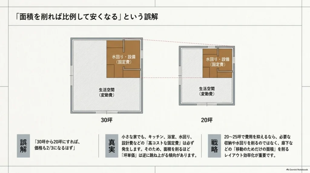 30坪と20坪の平屋を比較し、面積を減らしても水回りや設備などの固定的な費用が残ることを示した図
