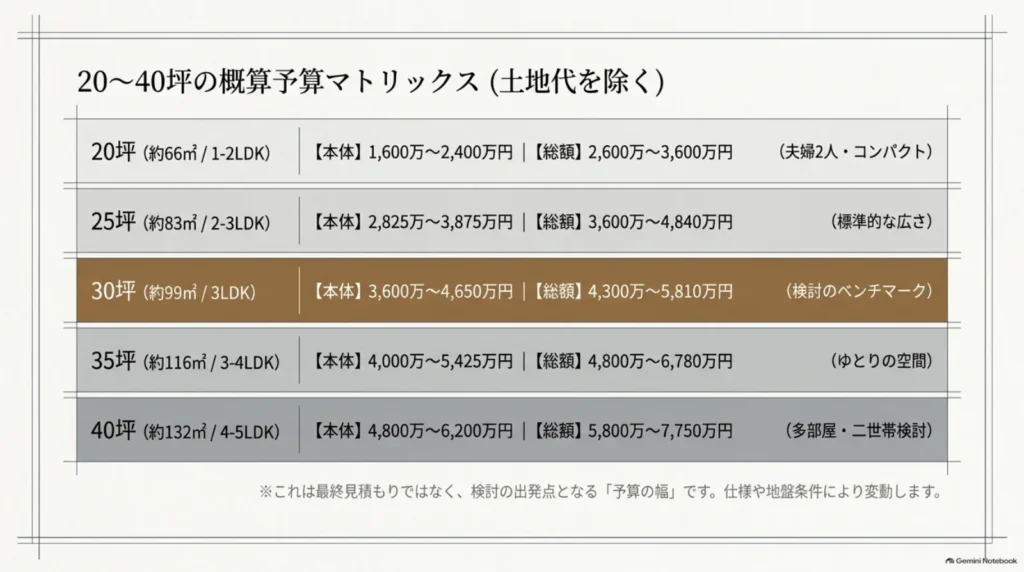 積水ハウスの平屋20・25・30・35・40坪の本体価格と土地代を除く総額の概算予算表。30坪の