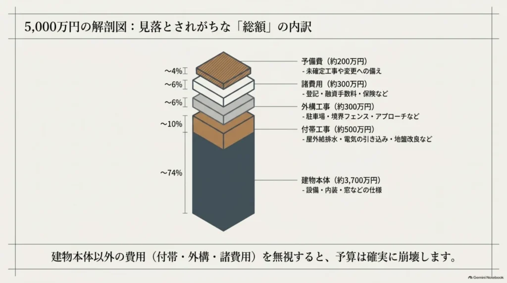 土地代を除く総額5,000万円の仮定例。建物本体3,700万円、付帯工事500万円、外構300万円、諸費用300万円、予備費200万円