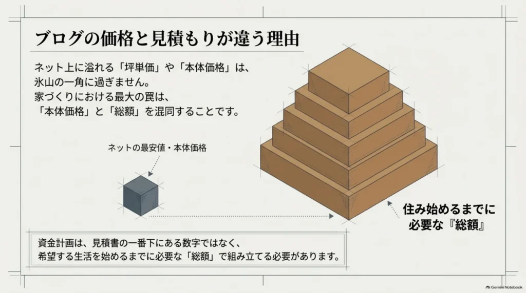 ネット上の本体価格と、住み始めるまでに必要な総額の違いを大小の立体で示した概念図
ファイル名： sekisui-house-hiraya-base-price-total-cost.webp