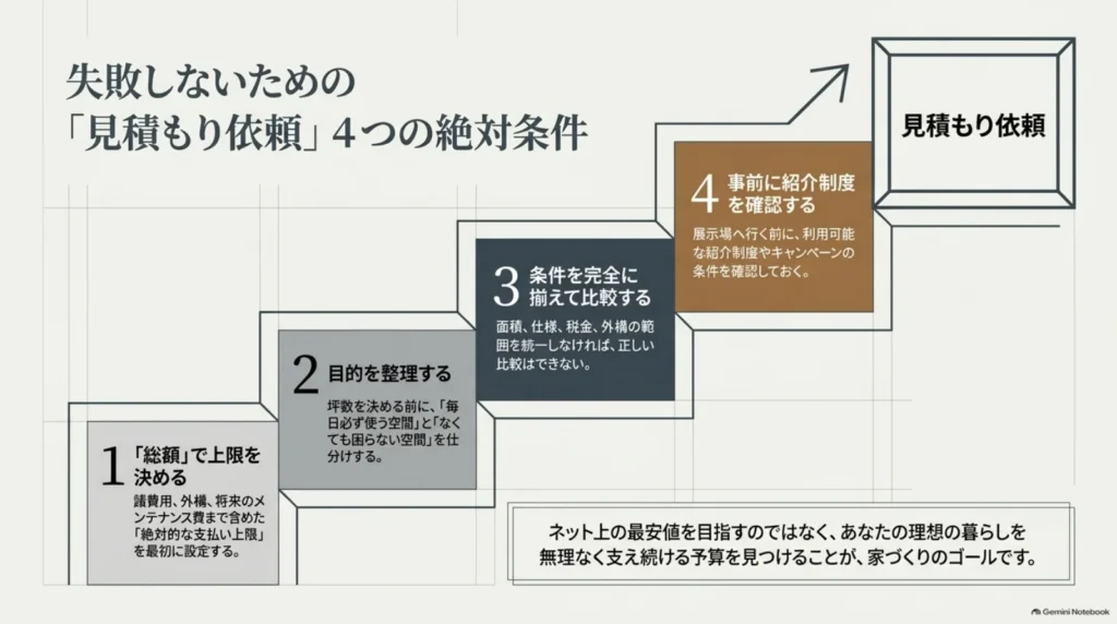 積もり依頼前に、総額の上限設定、必要な空間の整理、比較条件の統一、紹介制度の事前確認を行う4段階の図