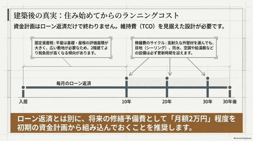入居後のローン返済に加え、固定資産税や外壁・防水・設備の修繕更新に備える考え方と、月2万円の修繕積立例を示した図